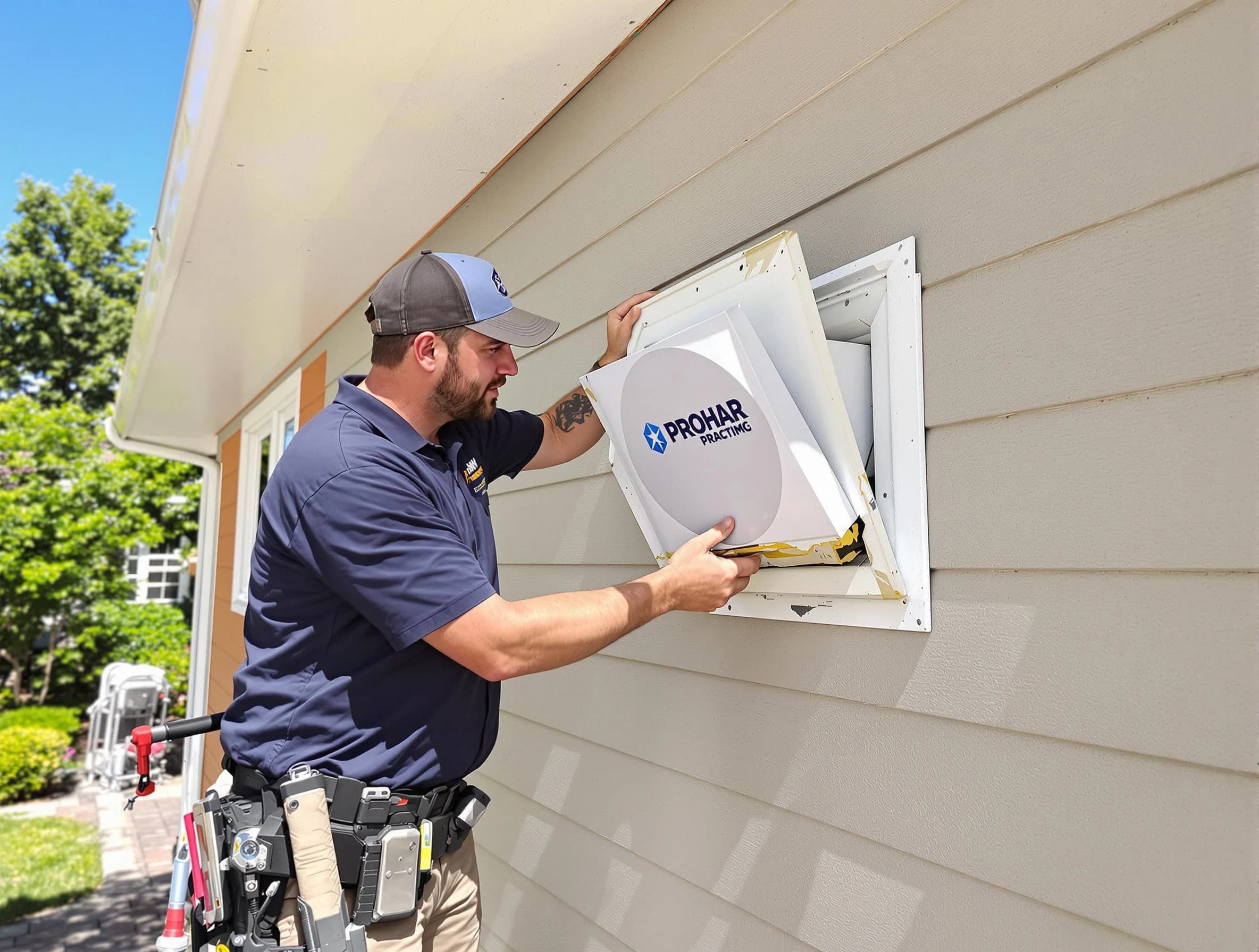 Cumberland Dryer Vent Cleaning technician installing a new protective dryer vent cover on a home in Cumberland