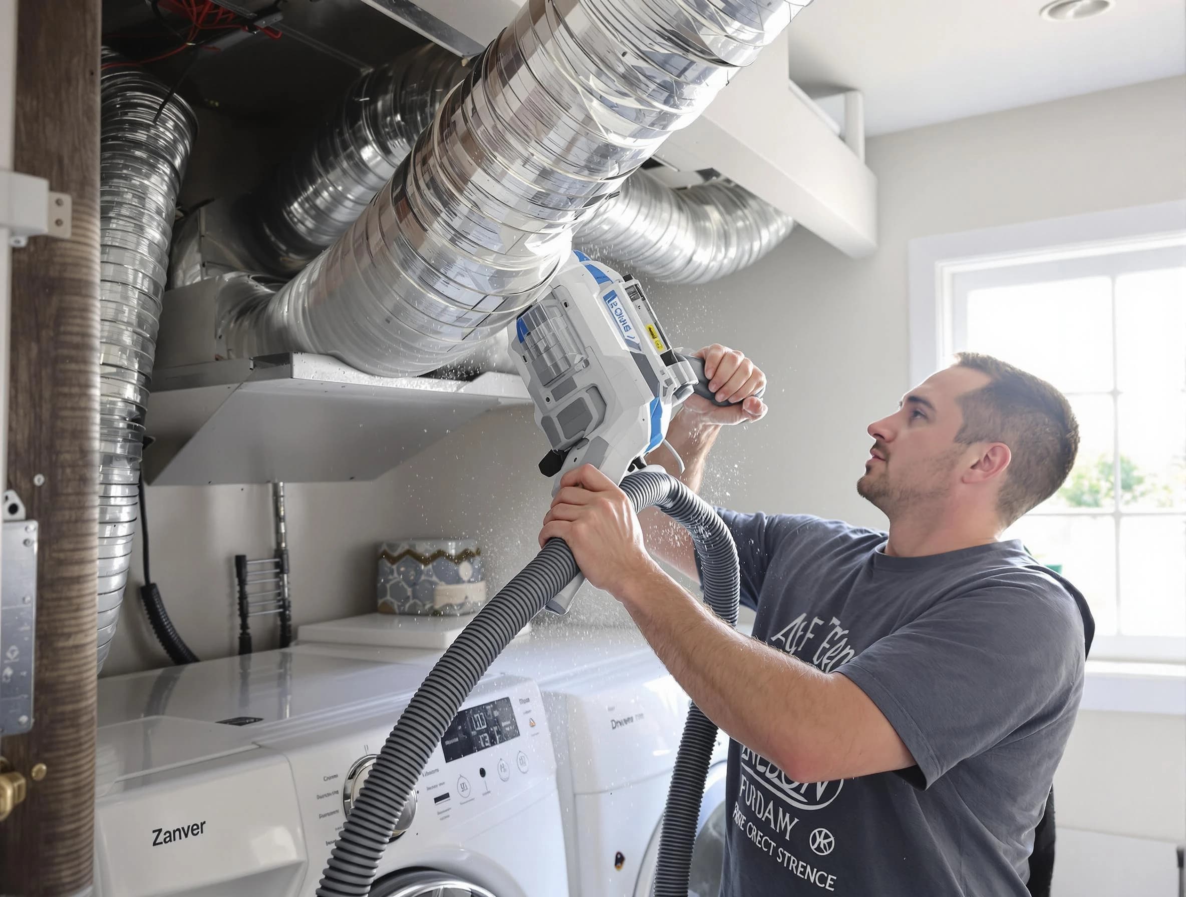 Cumberland Dryer Vent Cleaning specialist cleaning deep within a dryer vent duct system in Cumberland