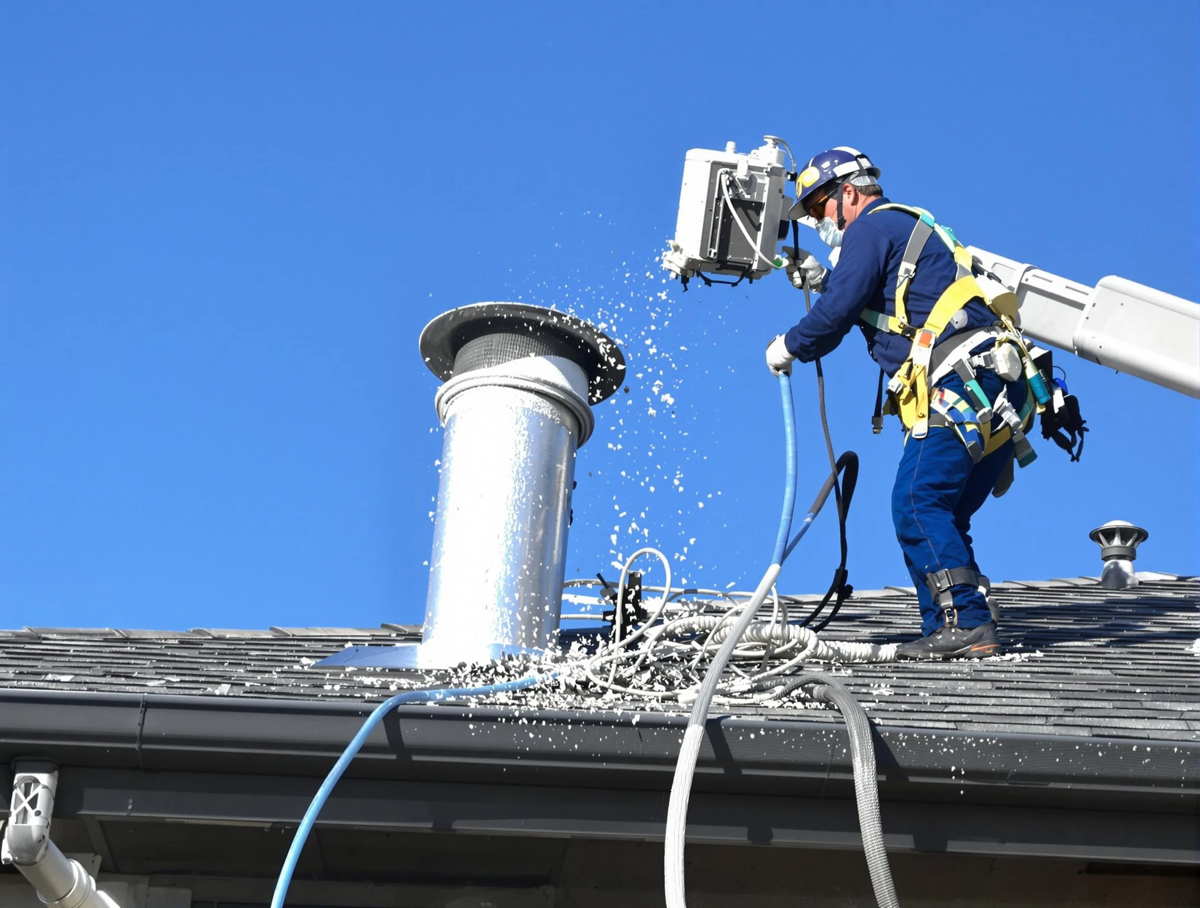 Cumberland Dryer Vent Cleaning certified technician safely cleaning a roof-mounted dryer vent in Cumberland