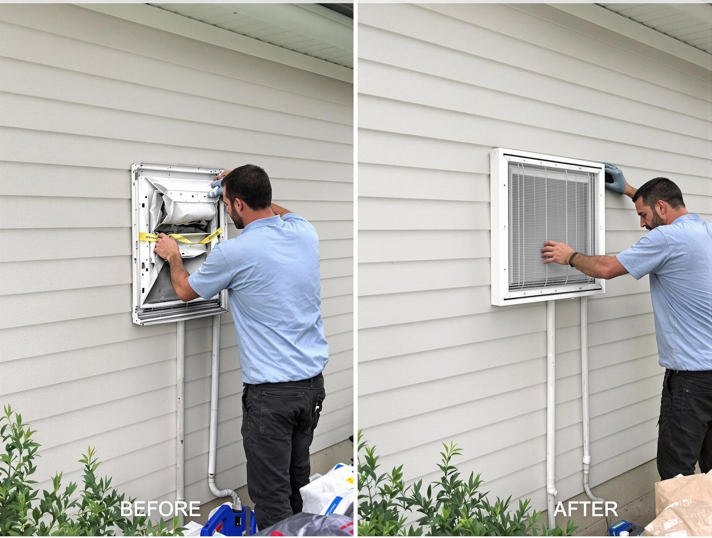 Cumberland Dryer Vent Cleaning technician installing high-quality dryer vent cover at a residential property in Cumberland